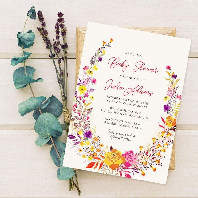 Boho Wildflower Fall Wreath Foliage Baby Shower Invitation (Creator Uploaded)