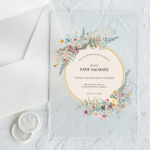 Boho Wildflower Fern Beige Save the Date Acrylic Invitations