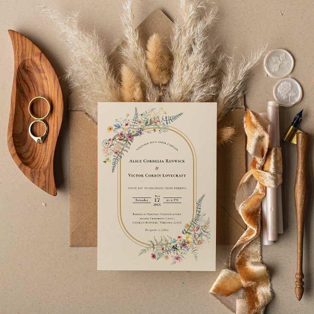 Boho Wildflower Fern Beige Wedding Invitation (Creator Uploaded)