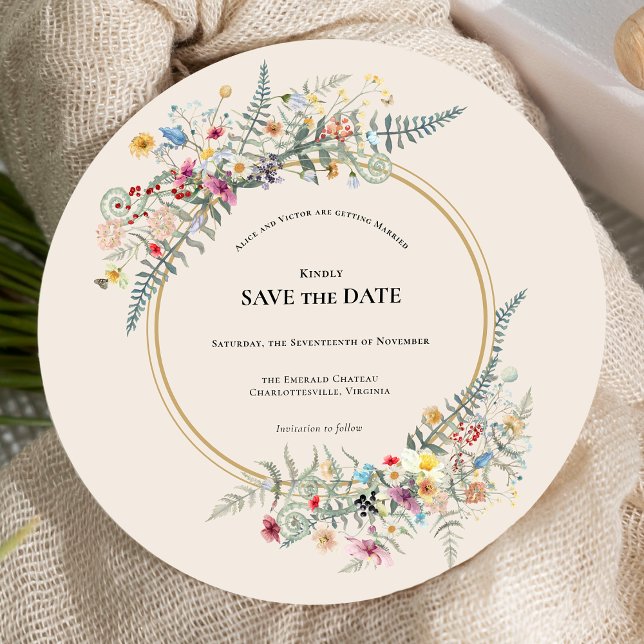 Boho Wildflower Fern Beige Wedding Round Save The Date (Creator Uploaded)
