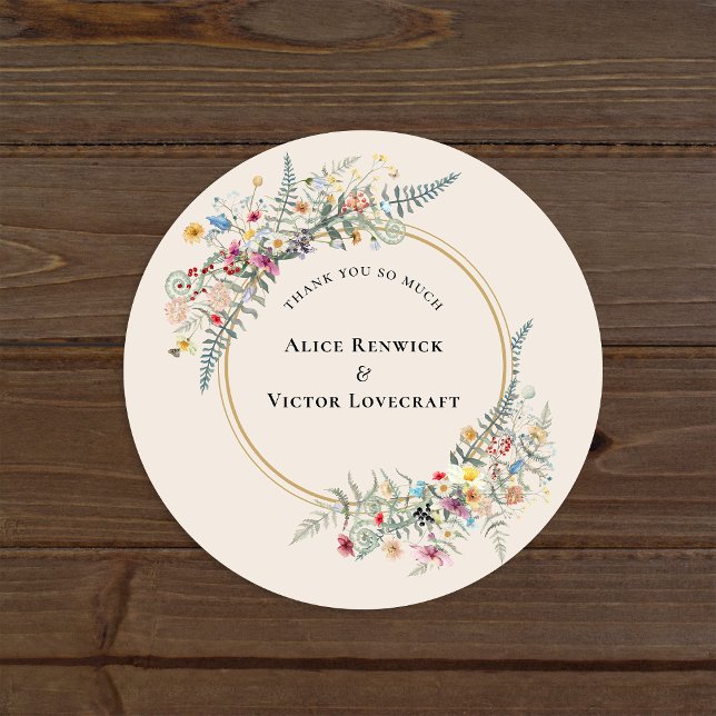 Boho Wildflower Fern Beige Wedding Thank You Favou Classic Round Sticker (Creator Uploaded)