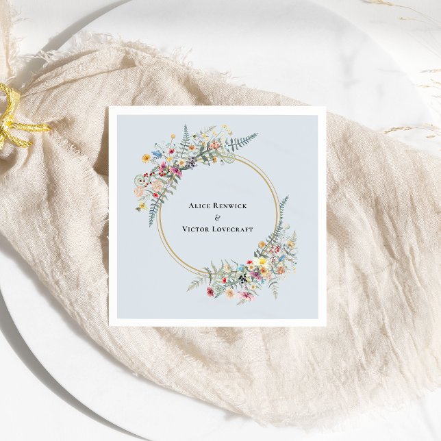 Boho Wildflower Fern Dusty Blue Wedding Napkin (Creator Uploaded)