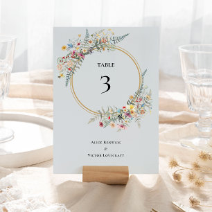 Boho Wildflower Fern Dusty Blue Wedding Table Number