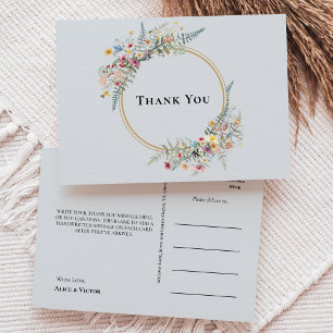 Boho Wildflower Fern Dusty Blue Wedding Thank You Postcard