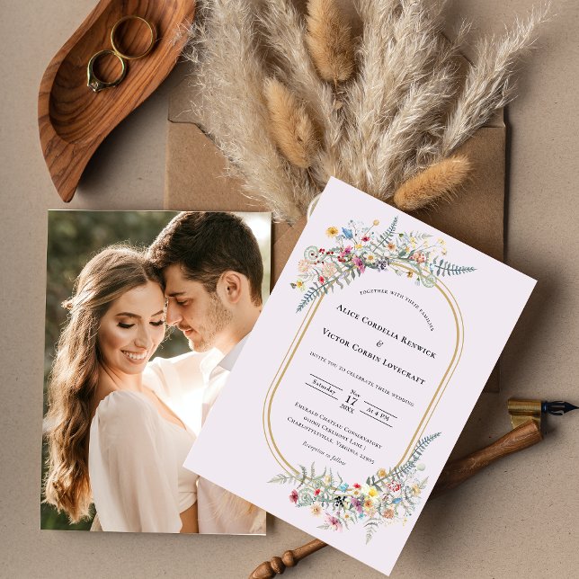 Boho Wildflower Fern Lavender Wedding Photo Invitation (Creator Uploaded)