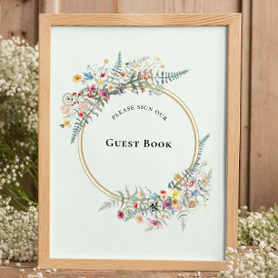 Boho Wildflower Fern Mint Green Guest Book Sign