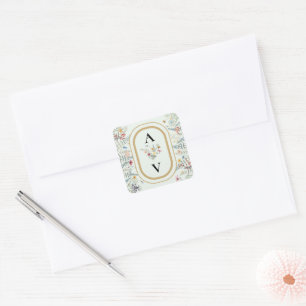 Boho Wildflower Fern Mint Green Monogram Favour Square Sticker