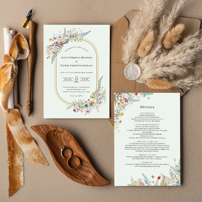 Boho Wildflower Fern Mint Green Wedding Details Invitation (Creator Uploaded)