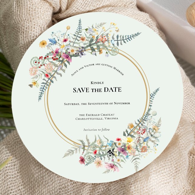 Boho Wildflower Fern Mint Green Wedding Round Save The Date (Creator Uploaded)