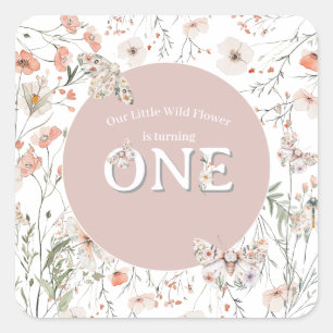 Boho Wildflower Floral Baby Birthday Square Sticker