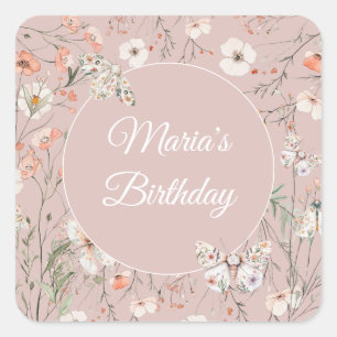Boho Wildflower Floral Baby Birthday Square Sticker