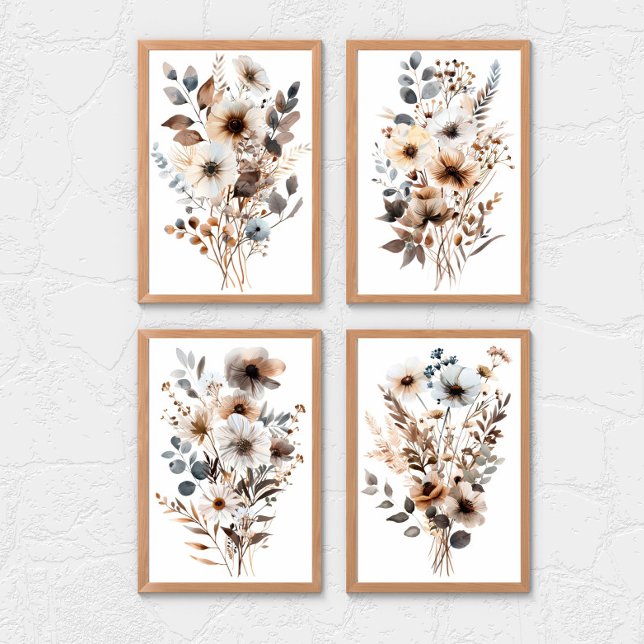 Boho Wildflower Floral Botanicals Blue Brown Beige (Boho Wildflowers Blue Brown Beige Watercolor Floral Wall art set of 2, 3 or 4 prints)