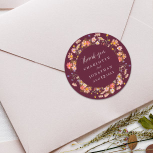 Boho Wildflower Floral Burgundy Wedding Thank You Classic Round Sticker