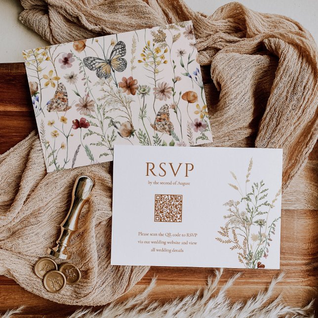 Boho Wildflower Floral Butterfly QR Code Wedding RSVP Card (Creator Uploaded)