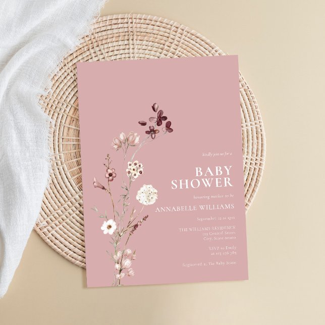 Boho Wildflower Floral Dusty Rose Baby Shower Invitation (Creator Uploaded)