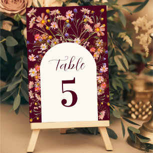 Boho Wildflower Floral Fall Burgundy Wedding Table Number