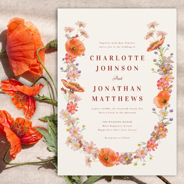 Boho Wildflower Floral Fall Wedding Invitation (Modern wildflower watercolor wedding invitation)