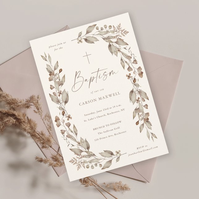 Boho Wildflower Floral Gender Neutral Baptism (Boho wildflower elegant floral ivory gender neutral baptism invitation.)