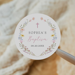 Boho Wildflower Floral Girl Baptism Classic Round Sticker