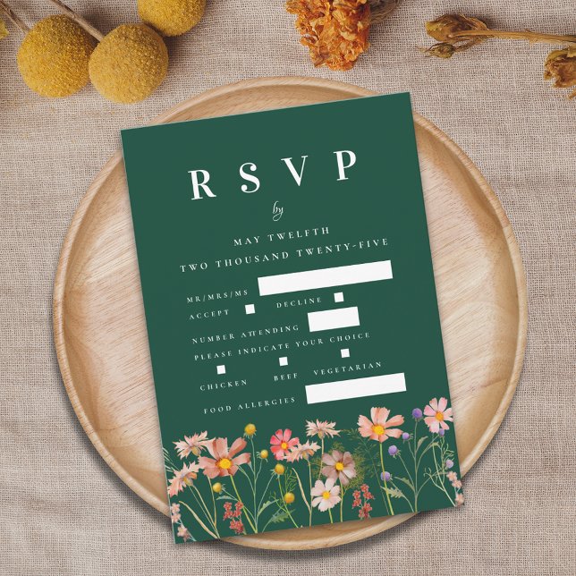 Boho Wildflower Floral Meal Options Green Wedding RSVP Card (Boho fall Wildflower floral dark green Wedding rsvp card watercolor flowers elegant modern)
