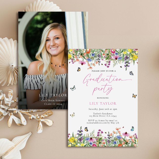 Boho Wildflower Floral Photo Graduation Party  Invitation (Creator Uploaded)