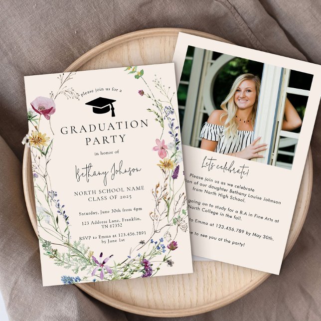 Boho Wildflower Floral Photo Graduation Party Invitation (Creator Uploaded)