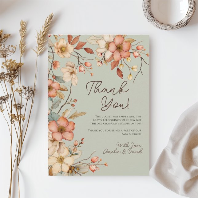 Boho Wildflower Floral Sage Green Baby Shower Thank You Card (Creator Uploaded)