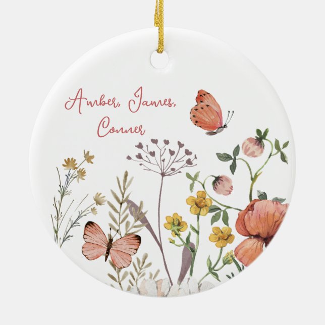 Boho Wildflower Flower Personalised Names Ceramic Ornament (Back)
