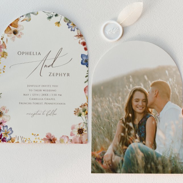Boho Wildflower Garden Beige Photo Arch Wedding Invitation (Creator Uploaded)