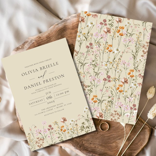 Boho Wildflower Garden Champagne Yellow Wedding Invitation (Creator Uploaded)