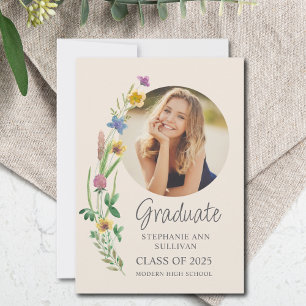 Boho Wildflower Girl Photo High School Graduation Announcement