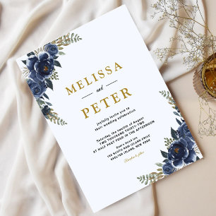 Boho Wildflower Gold &  Navy Blue Wedding Invitation