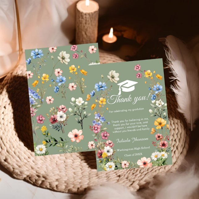 Boho WIldflower graduation photo thank you Card (Creator Uploaded)