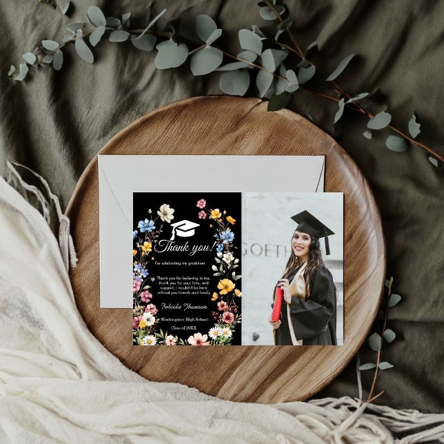 Boho WIldflower graduation photo thank you Card (Creator Uploaded)