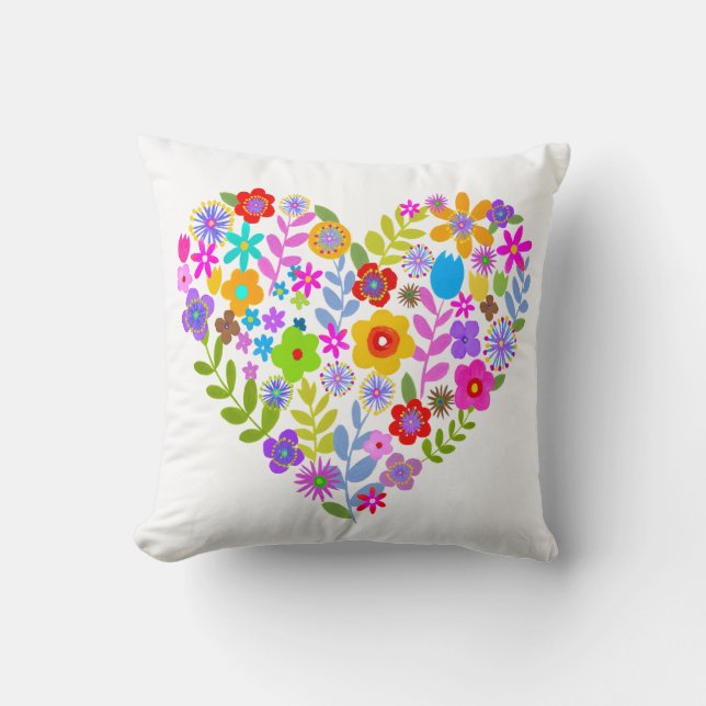 Boho Wildflower Heart Throw Pillow (Front)