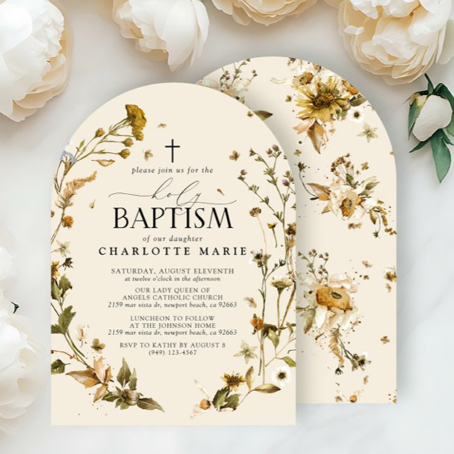 Boho Wildflower Holy Baptism Elegant Cross Floral  Invitation (Creator Uploaded)