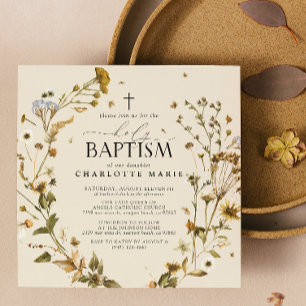 Boho Wildflower Holy Baptism Elegant Cross Floral Invitation