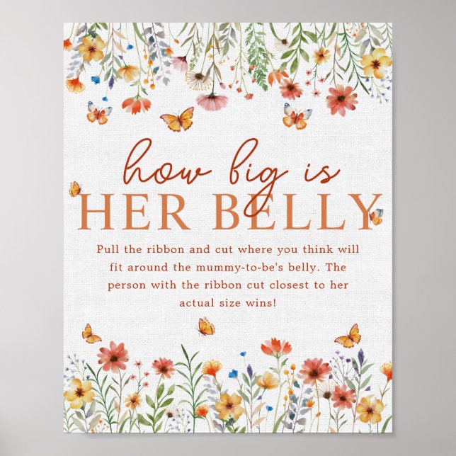 Boho Wildflower How Big Her Belly Baby Shower Game Poster (Front)