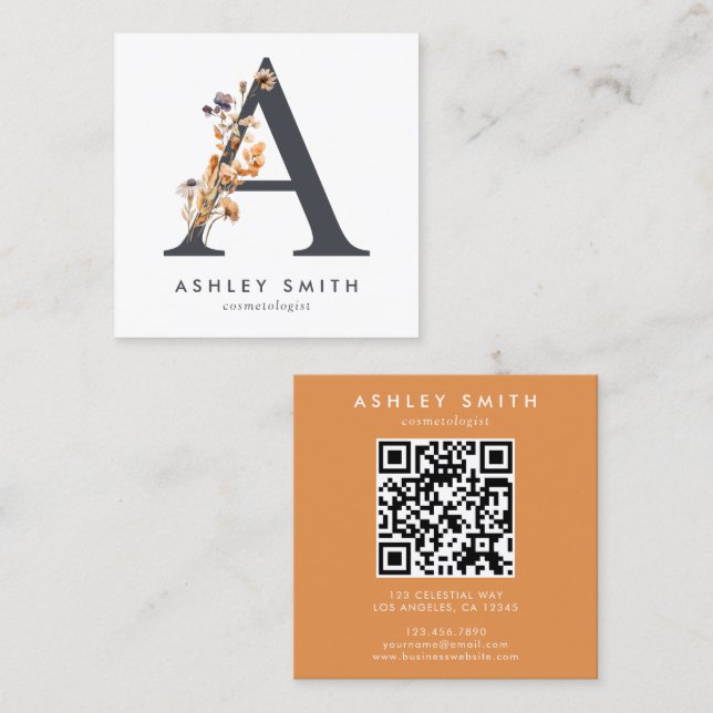 Boho Wildflower Initial A QR Code Square Business Card (Front/Back)