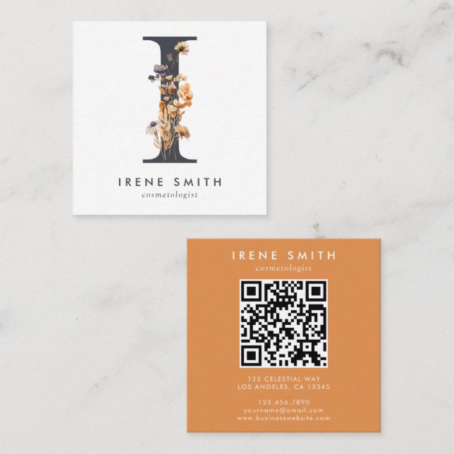 Boho Wildflower Initial I QR Code Square Business Card (Front/Back)