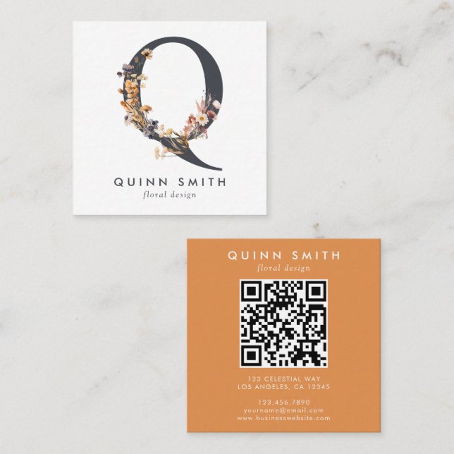 Boho Wildflower Initial Q QR Code Square Business Card (Front/Back)