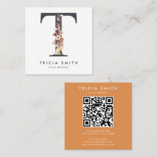 Boho Wildflower Initial T QR Code Square Business Card