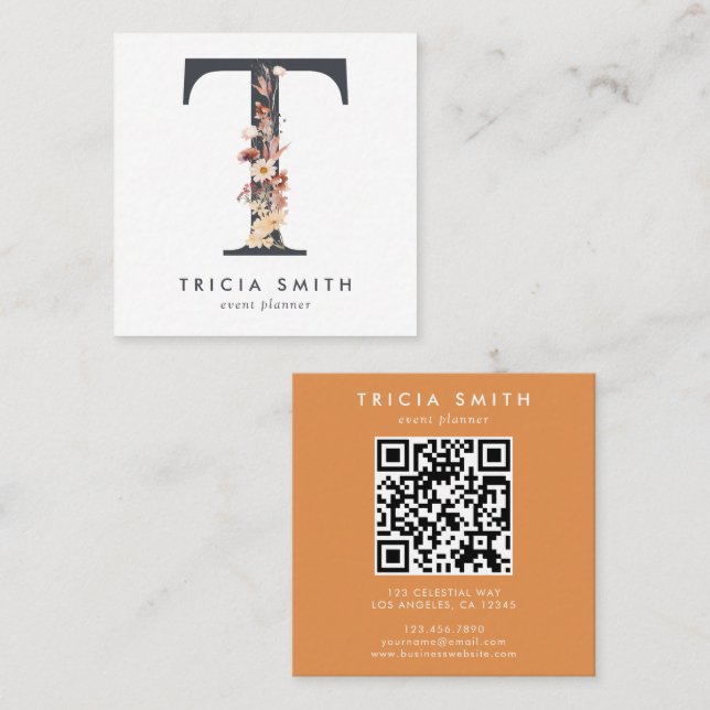 Boho Wildflower Initial T QR Code Square Business Card (Front/Back)