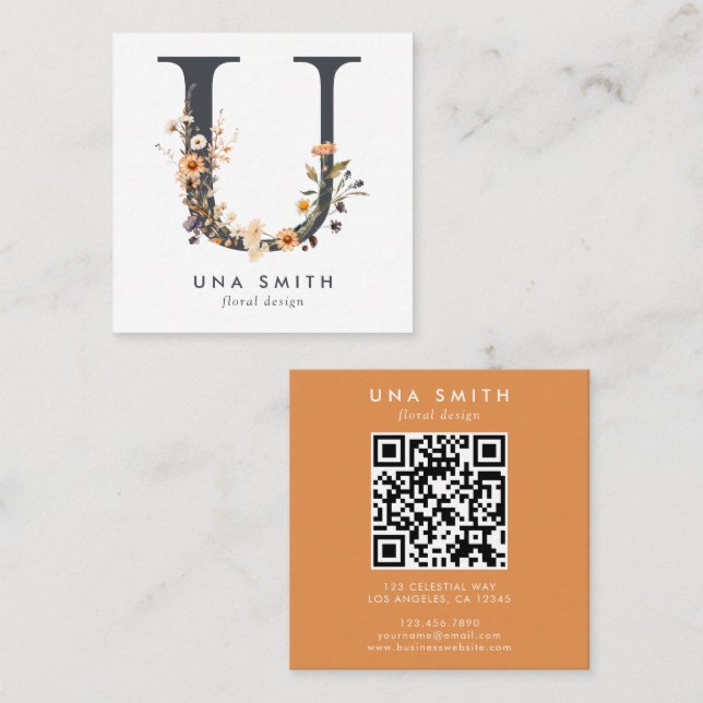 Boho Wildflower Initial U QR Code Square Business Card (Front/Back)