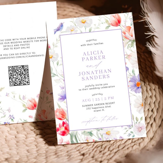 Boho wildflower lavender all in one QR wedding Invitation (Creator Uploaded)