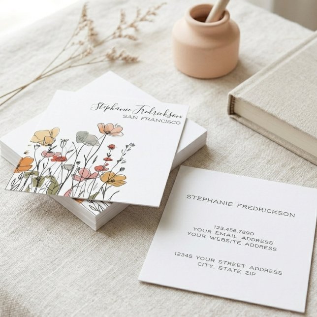 Boho Wildflower Line Art Elegant Script Square Business Card (Line art wildflower square business cards for an artisan to use at a local craft market.)