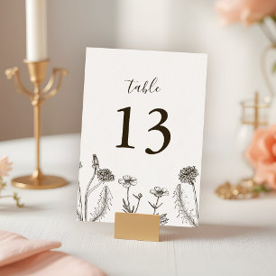 Boho Wildflower Line Art White Texture Wedding Table Number