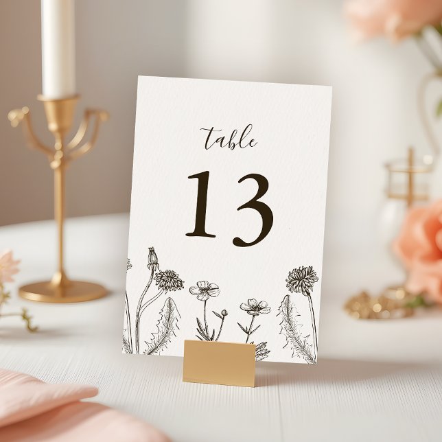 Boho Wildflower Line Art White Texture Wedding Table Number (Creator Uploaded)
