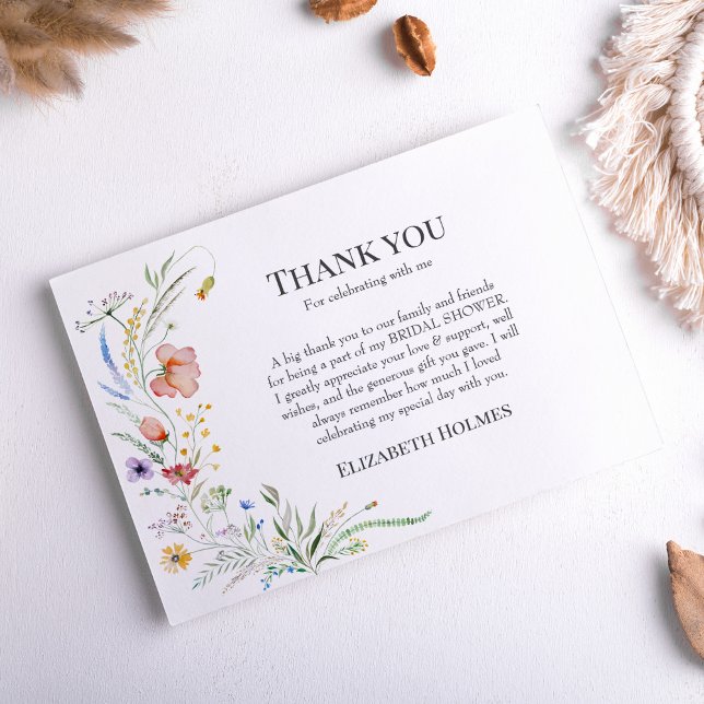 Boho Wildflower Meadow Bridal Shower Thank You Card (Boho Wildflower Meadow Bridal Shower Thank You Card on a table with neutral boho decor.
)
