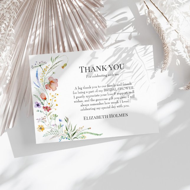 Boho Wildflower Meadow Bridal Shower Thank You Card (Boho Wildflower Meadow Bridal Shower Thank You Card on a sunny white table with neutral dry flowers)